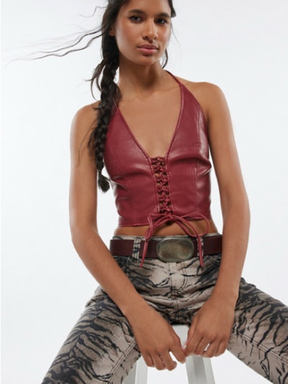 silence + noise Wine Red Lace-Up Vegan Leather Halter Top
